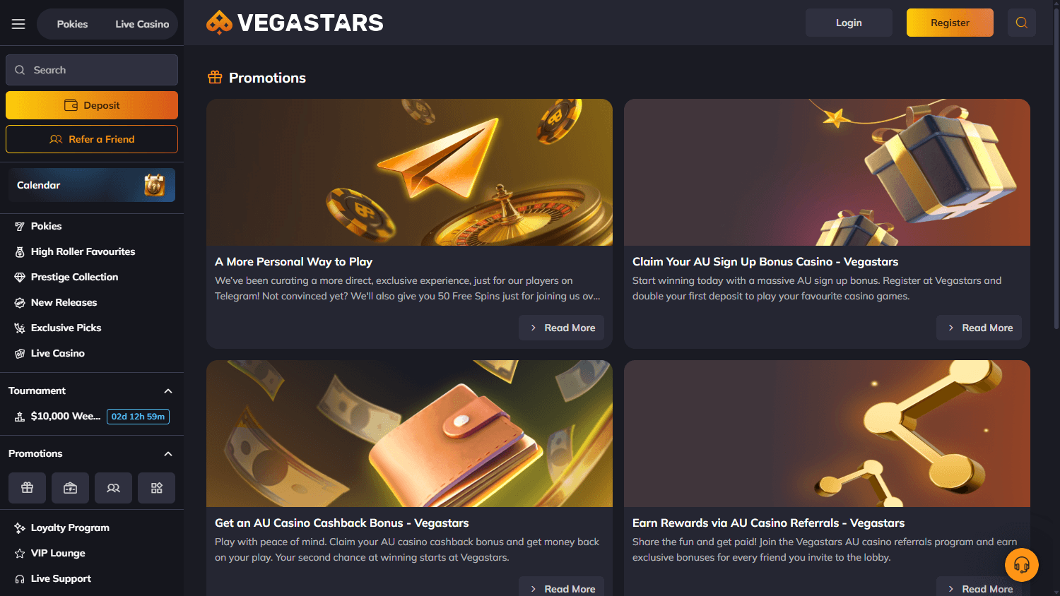 VegaStars Casino lobby — game selection